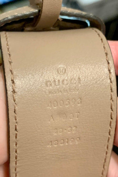 Gucci GG Gold Tone Marmont Wide Leather Tan Belt, Size Small - V & G Luxe Boutique