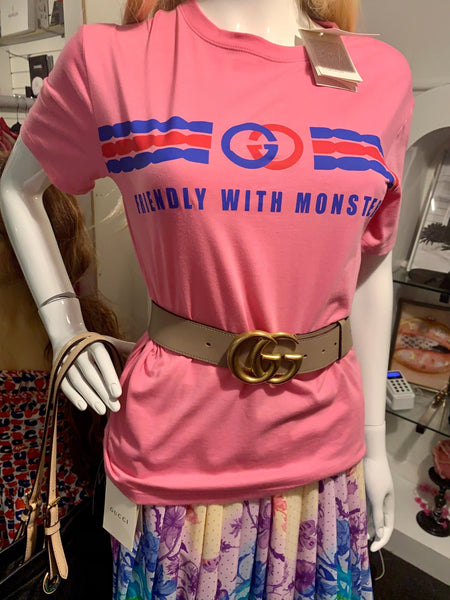 Gucci GG Gold Tone Marmont Wide Leather Tan Belt, Size Small - V & G Luxe Boutique