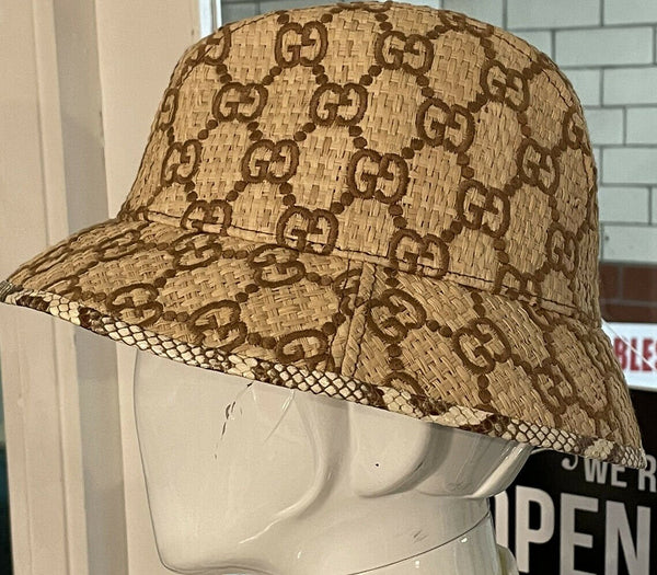 Gucci GG Raffia Bucket Hat with Snakeskin Trim Size Small - V & G Luxe Boutique