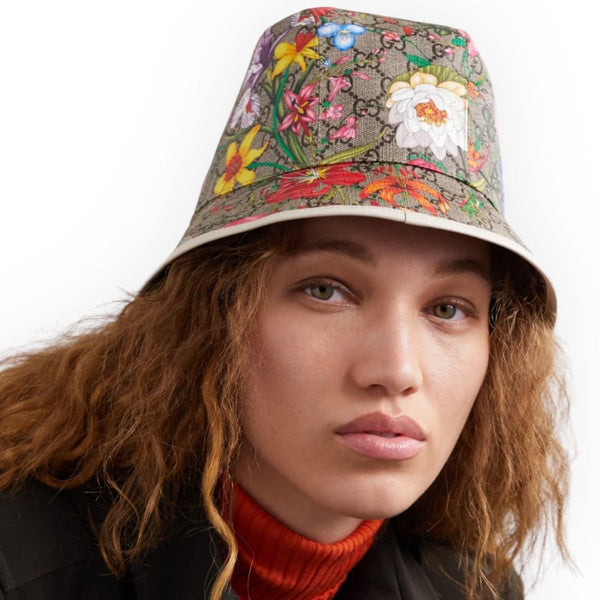 Gucci GG Supreme Monogram Flora Print Fedora White Trim Hat Size M/57 cm - V & G Luxe Boutique