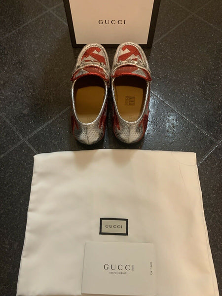 Gucci Kids Unisex Red & Silver Horsebit Loafers Shoes UK 13 EU 32 - V & G Luxe Boutique
