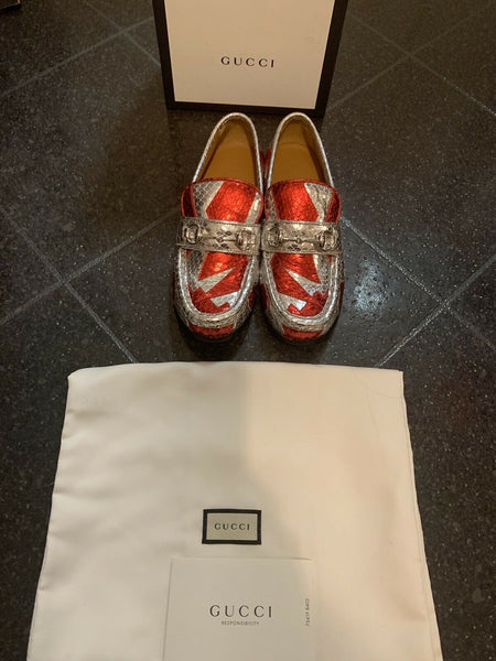 Gucci Kids Unisex Red & Silver Horsebit Loafers Shoes UK 13 EU 32 - V & G Luxe Boutique