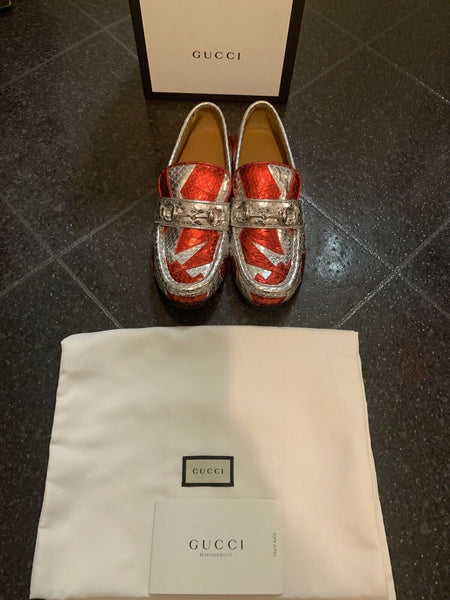 Gucci Kids Unisex Red & Silver Horsebit Loafers Shoes UK 13 EU 32 - V & G Luxe Boutique