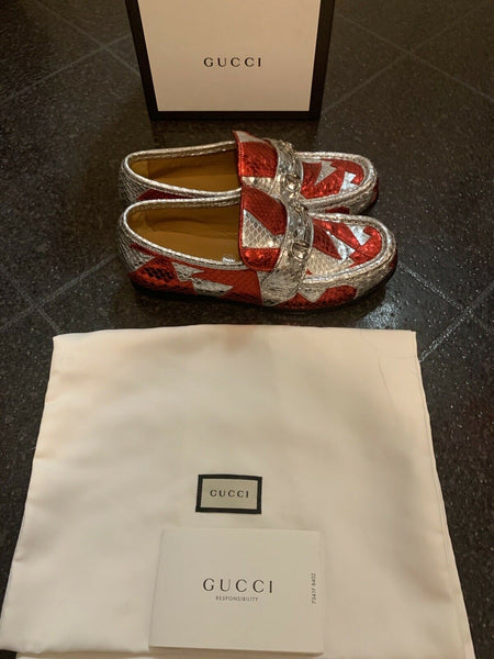 Gucci Kids Unisex Red & Silver Horsebit Loafers Shoes UK 13 EU 32 - V & G Luxe Boutique