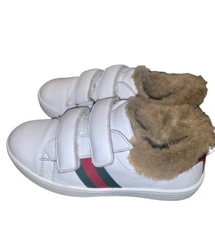 Gucci Kids Unisex White Leather Faux Fur Web Sneakers, UK Size 8 - V & G Luxe Boutique