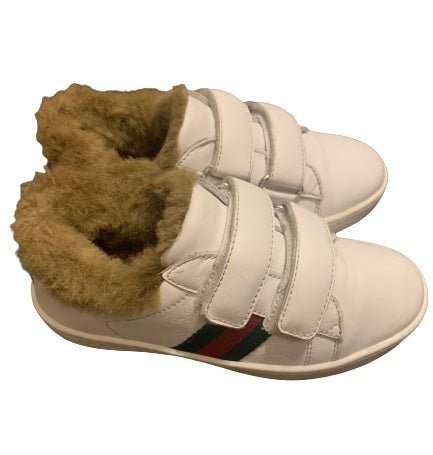 Gucci Kids Unisex White Leather Faux Fur Web Sneakers, UK Size 8 - V & G Luxe Boutique