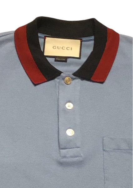 Gucci Light Blue Polo With Blue & Red Web Collar Size Small - V & G Luxe Boutique