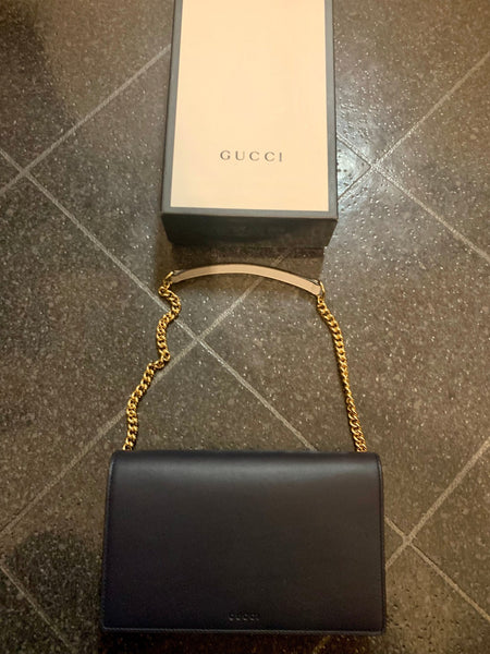 Gucci Navy Blue Leather & Canvas Monogram Chain Bag - V & G Luxe Boutique