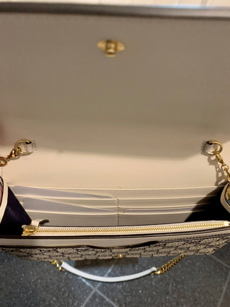 Gucci Navy Blue Leather & Canvas Monogram Chain Bag - V & G Luxe Boutique