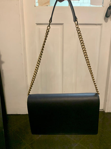 Gucci Navy Blue Leather & Canvas Monogram Chain Bag - V & G Luxe Boutique