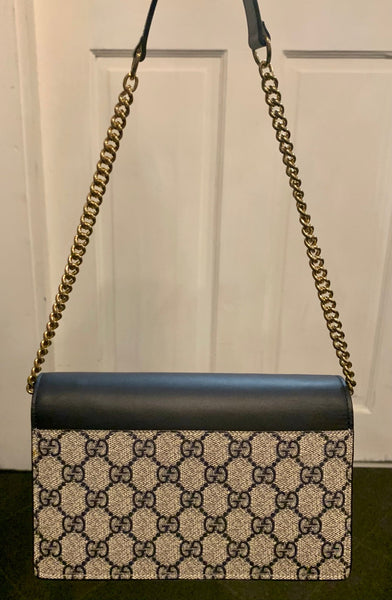 Gucci Navy Blue Leather & Canvas Monogram Chain Bag - V & G Luxe Boutique