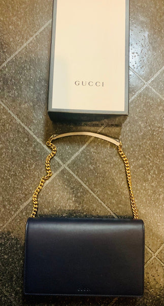 Gucci Navy Blue Leather & Canvas Monogram Chain Bag - V & G Luxe Boutique