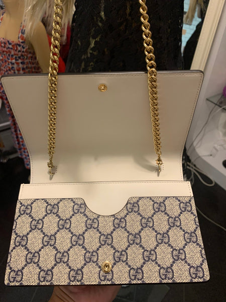 Gucci Navy Blue Leather & Canvas Monogram Chain Bag - V & G Luxe Boutique