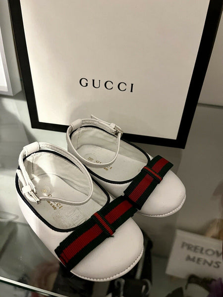 Gucci Pram Baby Girls White Leather Web Ballet Shoes EU 16 UK 0.5 - V & G Luxe Boutique