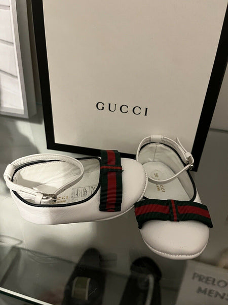 Gucci Pram Baby Girls White Leather Web Ballet Shoes EU 16 UK 0.5 - V & G Luxe Boutique