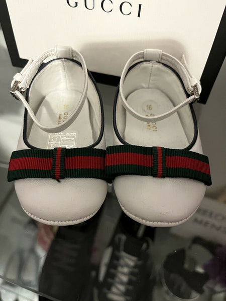 Gucci Pram Baby Girls White Leather Web Ballet Shoes EU 16 UK 0.5 - V & G Luxe Boutique