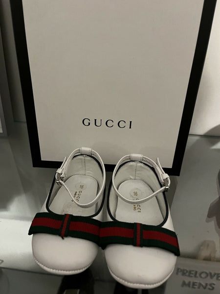 Gucci Pram Baby Girls White Leather Web Ballet Shoes EU 16 UK 0.5 - V & G Luxe Boutique