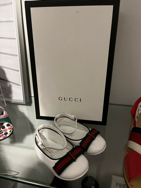 Gucci Pram Baby Girls White Leather Web Ballet Shoes EU 16 UK 0.5 - V & G Luxe Boutique