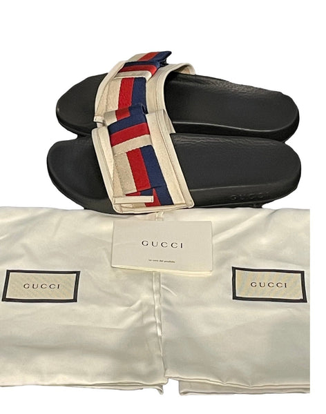 Gucci Sylvie Satin Web Bow Slides Sandals - V & G Luxe Boutique