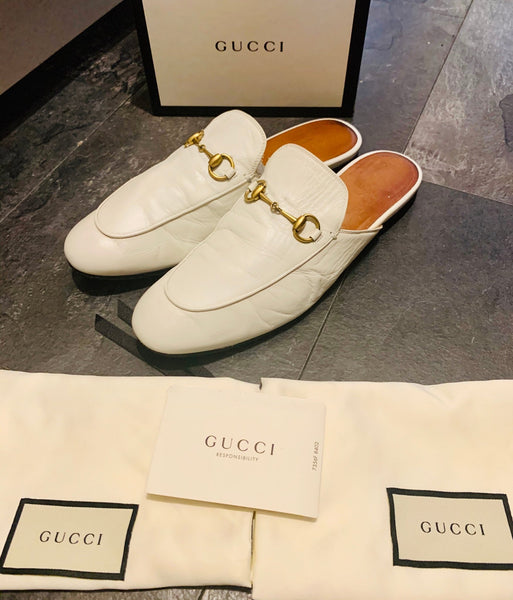 Gucci Women's Cream Leather Horsebit Princetown Mules, EU Size 40.5 (Fit a UK 6) - V & G Luxe Boutique