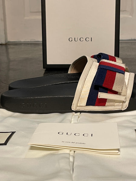 Gucci Sylvie Satin Web Bow Slides Sandals