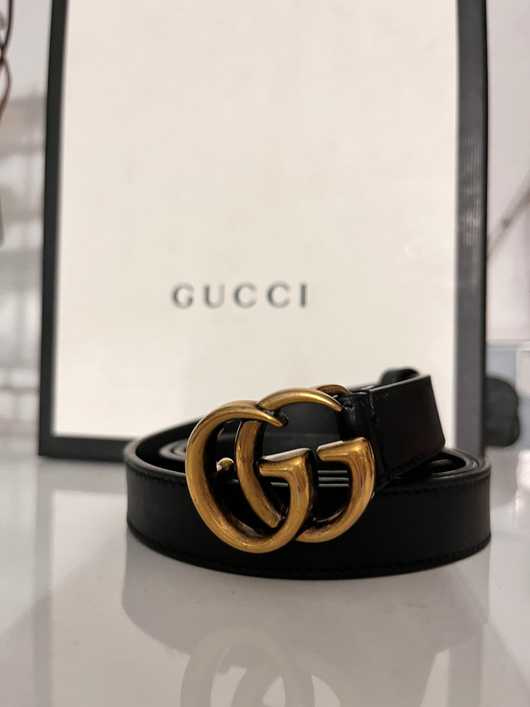 Gucci Black Interlocking GG Black Gold Tone Leather Belt V G Luxe Boutique