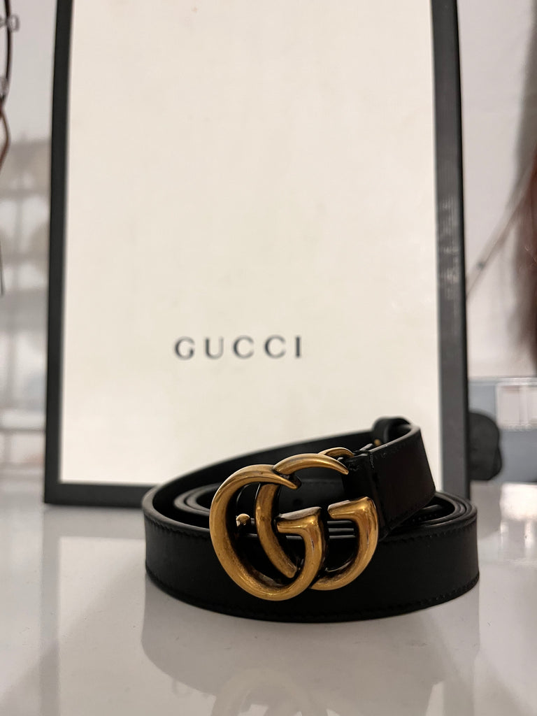 Gucci Black Interlocking GG Black Gold Tone Leather Belt V G Luxe Boutique