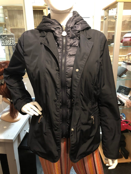Moncler Ladies Navy Blue Lime Layered Hooded Jacket, Size 3 / UK 12 - V & G Luxe Boutique