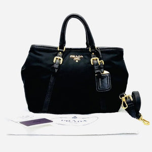 PRADA Tessuto Black Nylon Vitello Tote Handbag - V & G Luxe Boutique