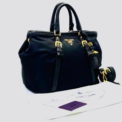 PRADA Tessuto Black Nylon Vitello Tote Handbag - V & G Luxe Boutique
