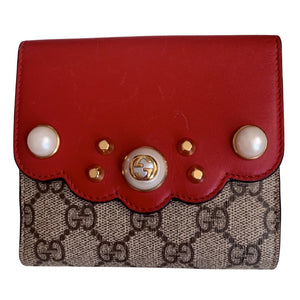 Rare Gucci Monogram Pearl Studded Brown & Red Leather Wallet / Purse - V & G Luxe Boutique