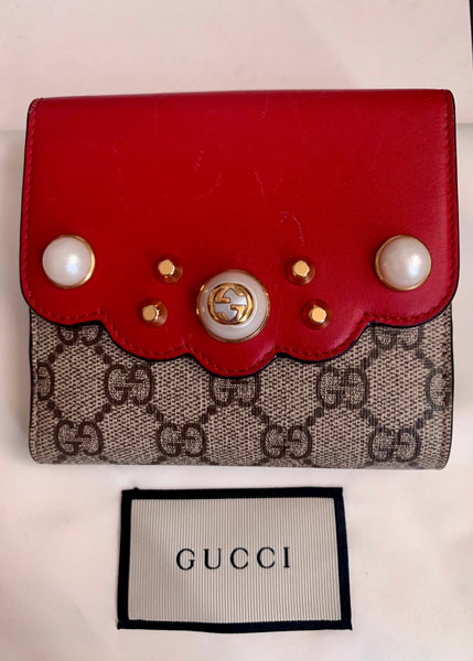 Rare Gucci Monogram Pearl Studded Brown & Red Leather Wallet / Purse - V & G Luxe Boutique