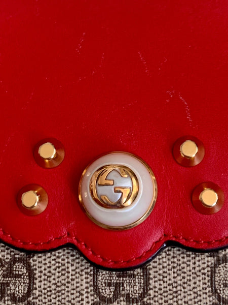 Rare Gucci Monogram Pearl Studded Brown & Red Leather Wallet / Purse - V & G Luxe Boutique