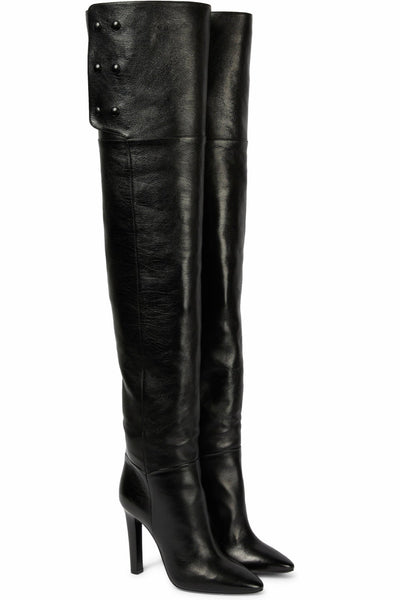 Saint Laurent Jane Leather Black Over the Knee Boots - V & G Luxe Boutique