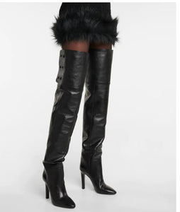 Saint Laurent Jane Leather Black Over the Knee Boots - V & G Luxe Boutique