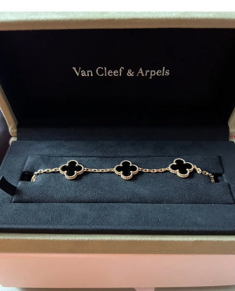 Van Cleef and Arpels Vintage Alhambra bracelet, 5 motifs 18K yellow gold, Onyx - V & G Luxe Boutique